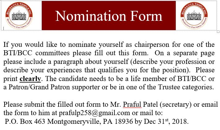 Chairpersons Nomination Due Dec-31st-2018 - Bharatiya Temple Bharatiya ...