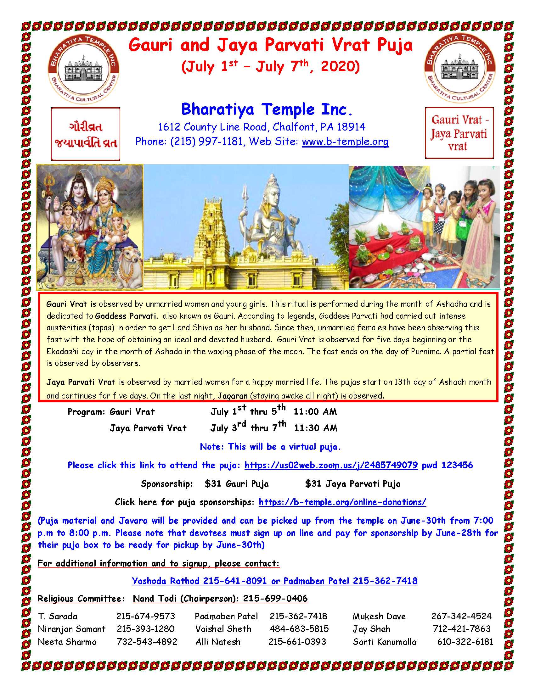 Gauri and Jaya Parvati Vrat July1st 7th Bharatiya Temple Bharatiya