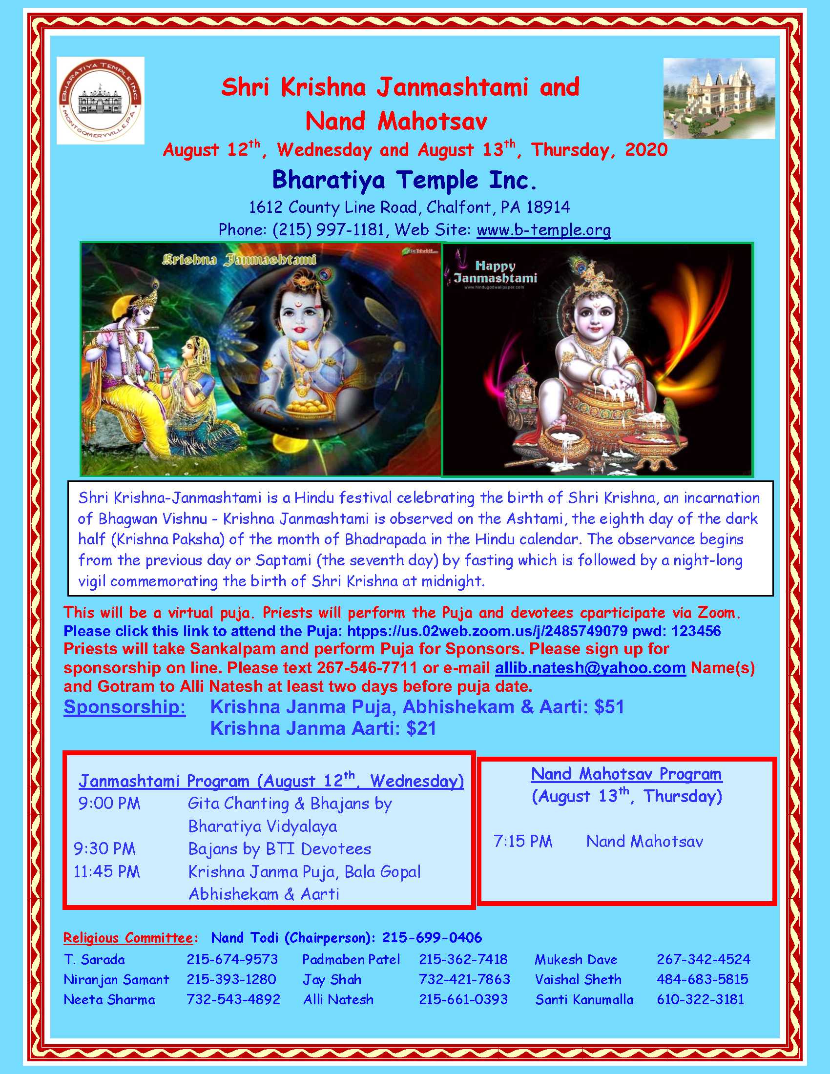 Janmashtami Aug-13th and 14th - Bharatiya Temple Bharatiya ...